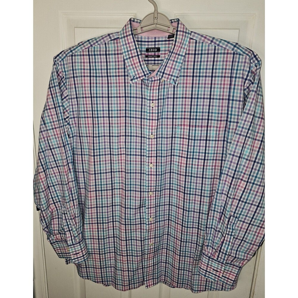 Izod Shirt Mens XXL Pink Purple Plaid Long Sleeve Button Down 100% Cotton